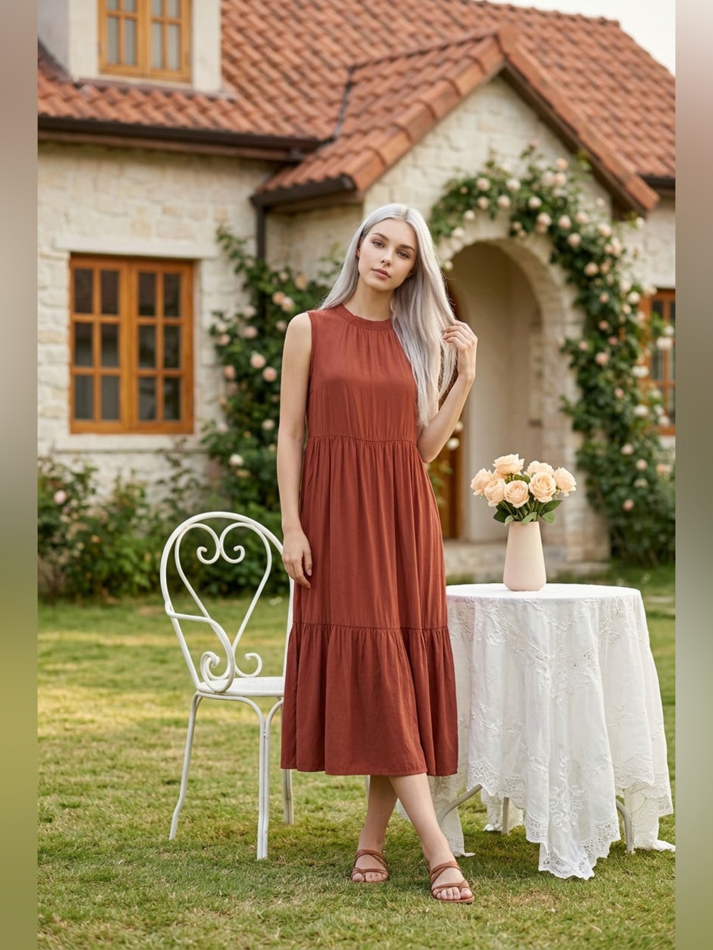 easel Sleeveless Rust Tiered Maxi Dress with Back Bow size M - Picture 2 of 12